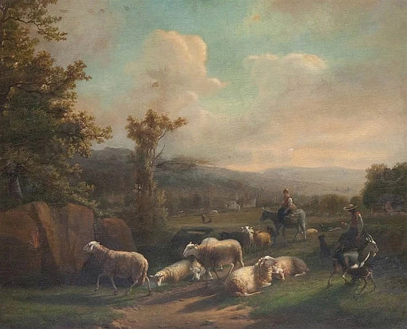Balthasar Ommeganck - Paesaggio con giovane pastore e pastorella a cavallo vicino a pecore
